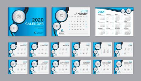 Desk Calendar 2020 template Vector, Calendar 2021 Design, Week Start On Sunday, Planner, Stationery, Printing, advertisement, Cover template, Blue backgroundのイラスト素材