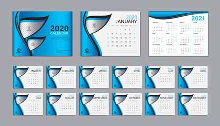Desk Calendar 2020 template Vector, Calendar 2021 Design, Week Start On Sunday, Planner, Stationery, Printing, advertisement, Cover template, Blue backgroundのイラスト素材