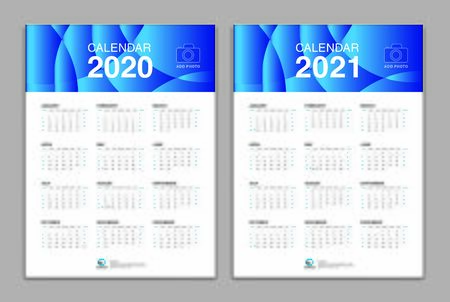Calendar template for 2020, 2021 year, Poster, Wall Desk Calendar Design, simple calendar, Week Start On Sunday, Planner, Stationery, Printing, vertical artworkのイラスト素材