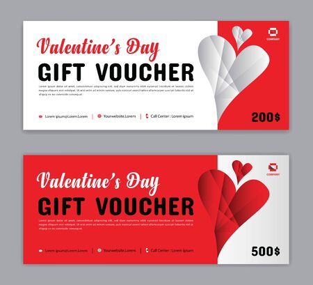 Valentine's Day Gift Voucher template, Coupon, discount, Sale banner, Horizontal  layout, discount cards, headers, website, red background, vector illustration EPS10のイラスト素材