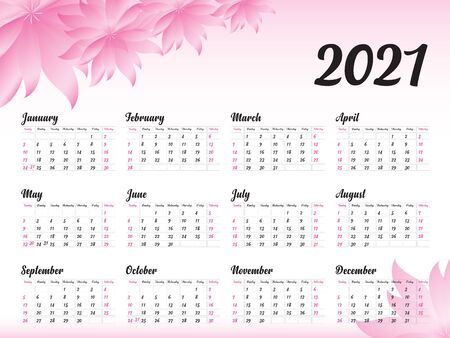 Calendar 2021 vector template, simple minimal design, Yearly calendar organizer for weeks, Week starts on Monday, Set of 12 calendar, Pink Flower background concept.のイラスト素材