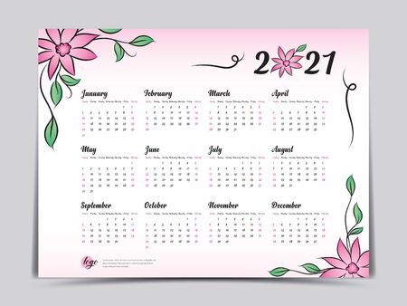 Calendar 2021 vector template, simple minimal design, Yearly calendar organizer for weeks, Week starts on Monday, Set of 12 calendar, Pink Flower background concept.のイラスト素材