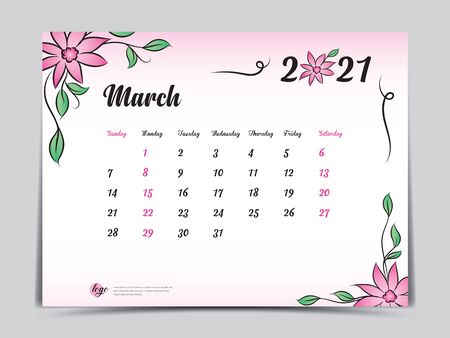 Calendar 2021 template pink flower concept creative design, March 2021 month,  Simple desk calendar design, Week starts from Sunday. vectorのイラスト素材