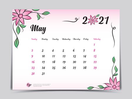 Calendar 2021 template pink flower concept creative design, May 2021 month,  Simple desk calendar design, Week starts from Sunday. vectorのイラスト素材
