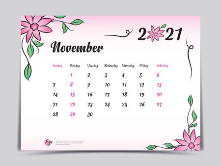 Calendar 2021 template pink flower concept creative design, November 2021 month,  Simple desk calendar design, Week starts from Sunday. vectorのイラスト素材