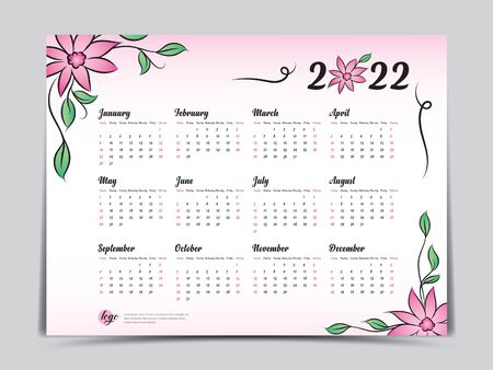 Calendar 2022 vector template, simple minimal design, Yearly calendar organizer for weeks, Week starts on Monday, Set of 12 calendar, Pink Flower background concept.のイラスト素材