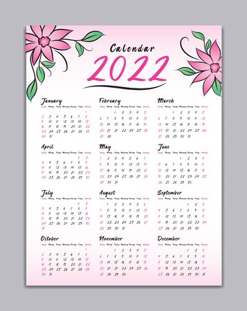 Calendar 2022 vector template, Wall Calendar 2022, simple minimal design, Yearly calendar organizer for weeks, Week starts on Monday, Set of 12 calendar, Pink Flower background concept.のイラスト素材