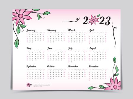 Calendar 2023 vector template, simple minimal design, Yearly calendar organizer for weeks, Week starts on Monday, Set of 12 calendar, Pink Flower background concept.のイラスト素材