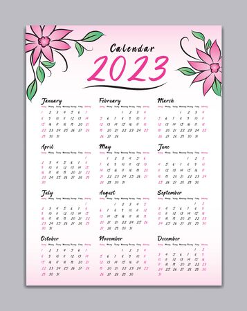 Calendar 2023 vector template, Wall Calendar 2023, simple minimal design, Yearly calendar organizer for weeks, Week starts on Monday, Set of 12 calendar, Pink Flower background concept.のイラスト素材