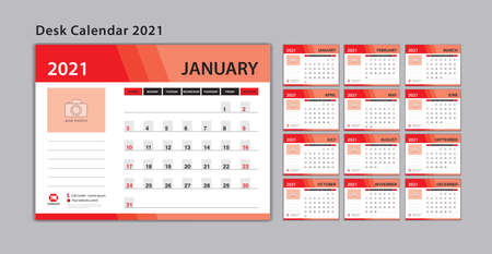 Set Desk Calendar 2021 template Vector, Week Start On Sunday, Planner, Stationery, Printing, advertisement, red backgroundのイラスト素材
