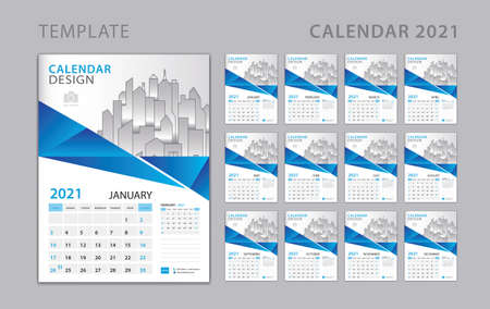 Calendar 2021 template, Set Desk Calendar design with Place for Photo and Company Logo. Wall calendar. Week Starts on Sunday. Set of 12 Months.のイラスト素材