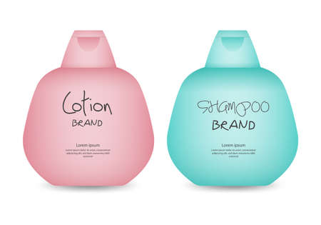 Bottle Shampoo Packaging Isolated set, packaging design, product design, lotion, cream, bath foam. Beauty product package, vector illustration.のイラスト素材