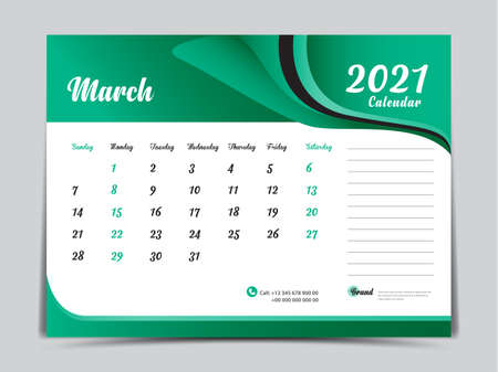 Desk Calendar 2021 template creative design, March 2021 month, Simple, planner, Week starts from Sunday.のイラスト素材