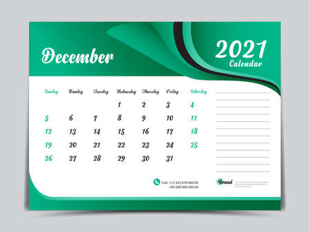 Desk Calendar 2021 template creative design, December 2021 month, Simple, planner, Week starts from Sunday.のイラスト素材
