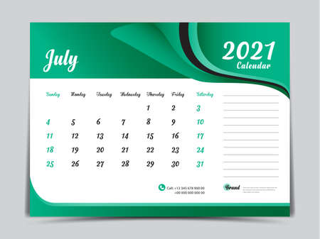 Desk Calendar 2021 template creative design, July 2021 month, Simple, planner, Week starts from Sunday.のイラスト素材