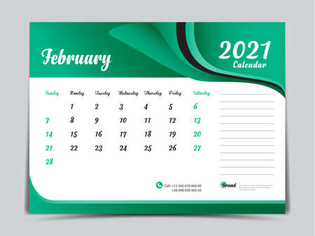Desk Calendar 2021 template creative design, February 2021 month, Simple, planner, Week starts from Sunday.のイラスト素材