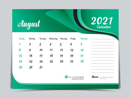 Desk Calendar 2021 template creative design, August 2021 month, Simple, planner, Week starts from Sunday.のイラスト素材