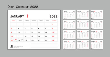 Set Desk Calendar 2022 template Vector, Week Start On Sunday, Planner, Stationery, Printing, advertisementのイラスト素材
