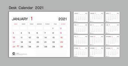 Set Desk Calendar 2021 template Vector, Week Start On Sunday, Planner, Stationery, Printing, advertisementのイラスト素材