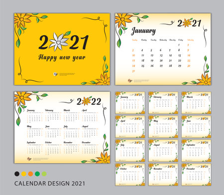 Desk Calendar 2021 template set, flower concept, Calendar 2021-2022, Happy new year 2021 year, Wall calendar 2021, Planner, Week Start On Sunday, Stationery, Printing, advertisement, Yellow coverのイラスト素材