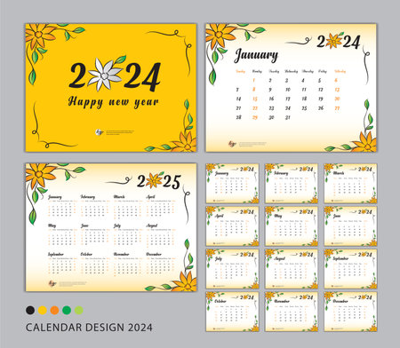 Desk Calendar 2024 template set, flower concept, Calendar 2024-2025, Happy new year 2024 year, Wall calendar 2024, Planner, Week Start On Sunday, Stationery, Printing, advertisement, Yellow coverのイラスト素材