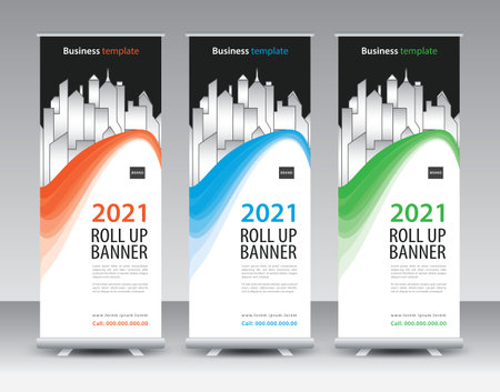 Business Roll Up banner design, Roll Up Banner template, Sale banner stand or flag design layout, Standee Design, Presentation, poster, flyer, ads, Modern Exhibition Advertising vector illustrationのイラスト素材