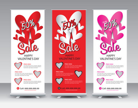Valentine's day Sale Roll Up banner design, Happy valentine's day Roll Up Banner template, Sale banner stand or flag design layout, Standee Design, Presentation, poster, Exhibition Advertising vectorのイラスト素材