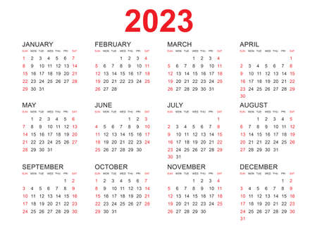 Calendar 2023 template vector, simple minimal design, Planner 2023 year, Wall calendar 2023 year, Week Starts Monday, Set of 12 calendar, advertisement, printing, stationery, organization and business.のイラスト素材
