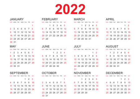 Calendar 2022 template vector, simple minimal design, Planner 2022 year, Wall calendar 2022 year, Week Starts Monday, Set of 12 calendar, advertisement, printing, stationery, organization and business.のイラスト素材
