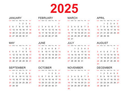 Calendar 2025 template vector, simple minimal design, Planner 2025 year, Wall calendar 2025 year, Week Starts Monday, Set of 12 calendar, advertisement, printing, stationery, organization and business.のイラスト素材