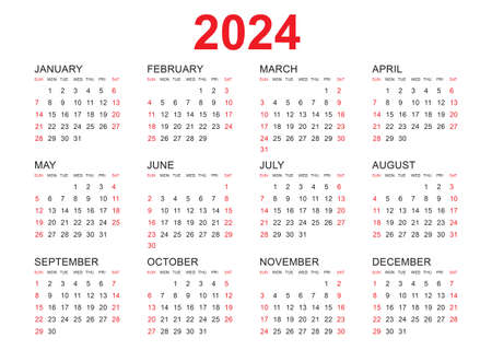 Calendar 2024 template vector, simple minimal design, Planner 2024 year, Wall calendar 2024 year, Week Starts Monday, Set of 12 calendar, advertisement, printing, stationery, organization and business.のイラスト素材