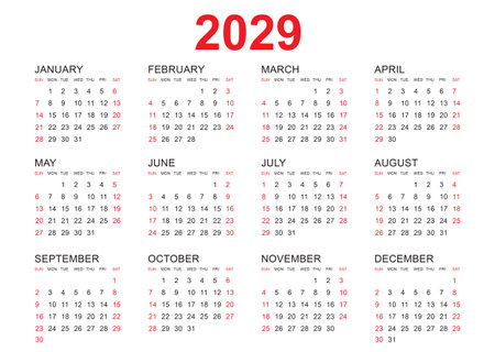 Calendar 2029 template vector, simple minimal design, Planner 2029 year, Wall calendar 2029 year, Week Starts Monday, Set of 12 calendar, advertisement, printing, stationery, organization and business.のイラスト素材