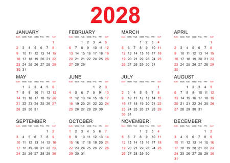 Calendar 2028 template vector, simple minimal design, Planner 2028 year, Wall calendar 2028 year, Week Starts Monday, Set of 12 calendar, advertisement, printing, stationery, organization and business.のイラスト素材
