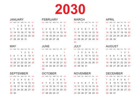 Calendar 2030 template vector, simple minimal design, Planner 2030 year, Wall calendar 2030 year, Week Starts Monday, Set of 12 calendar, advertisement, printing, stationery, organization and business.のイラスト素材