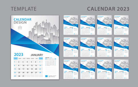 Calendar 2023 template, Set Desk Calendar design with Place for Photo and Company . Wall calendar 2023. Week Starts on Sunday. Set of 12 Months. Blue polygon backgroundのイラスト素材