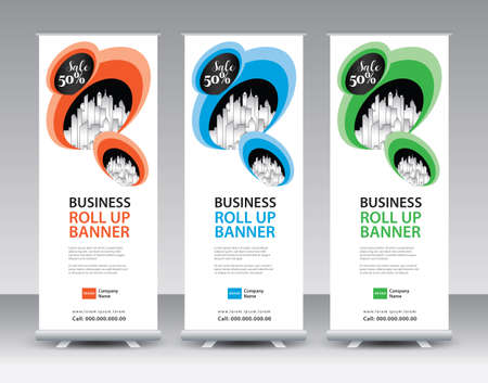 Business Roll Up banner design, Roll Up Banner template, Sale banner stand or flag design layout, Standee Design, Presentation, poster, flyer, ads, Modern Exhibition Advertising vector illustrationのイラスト素材