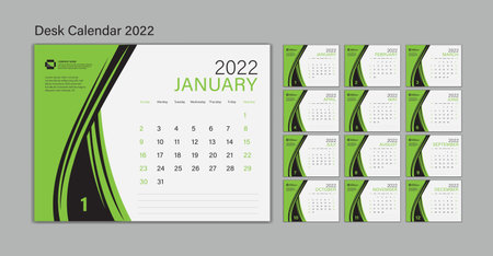 Set Desk Calendar 2022 template Vector, Planner design, wall calendar 2022 year, poster, Week Start On Sunday, Planner, Stationery, Printing, advertisement, Green backgroundのイラスト素材