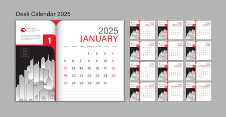 Set Desk Calendar 2025 template Vector, Planner design, wall calendar 2025 year, poster, Week Start On Sunday, Planner, Stationery, Printing, advertisement, Red backgroundのイラスト素材