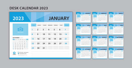 Set Desk Calendar 2023 template Vector, Set of 12 Months, Week Start On Sunday, Planner, Wall calendar 2023 template, Stationery, Printing, advertisement, Blue backgroundのイラスト素材