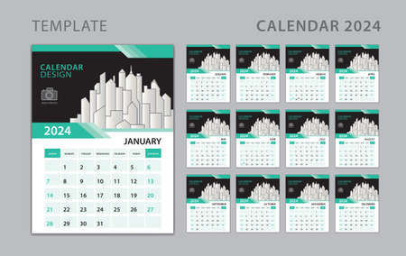 Calendar 2024 template, Set Desk Calendar design with Place for Photo and Company Logo. Wall calendar. Week Starts on Sunday. wall calendar 2024 year, Set of 12 Months.のイラスト素材