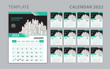 Calendar 2022 template, Set Desk Calendar design with Place for Photo and Company Logo. Wall calendar. Week Starts on Sunday. wall calendar 2022 year, Set of 12 Months.のイラスト素材
