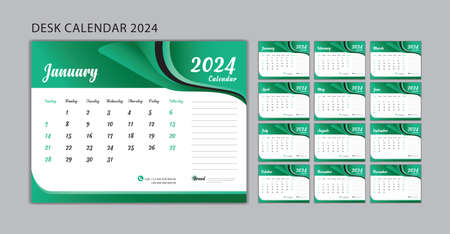 Set Desk Calendar 2024 template Vector, Set of 12 Months, Week Start On Sunday, Planner, Wall calendar 2024 template, Stationery, Printing, advertisement, green wave background, creative calendar design.のイラスト素材