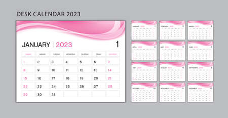 Planner design, Set Desk Calendar 2023 template Vector, wall calendar 2023 year, Week Start On Sunday, Stationery, Printing, advertisement, pink wave backgroundのイラスト素材