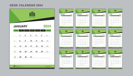 Planner design, Set Desk Calendar 2024 template Vector, wall calendar 2024 year, Week Start On Sunday, Stationery, Printing, advertisement, green backgroundのイラスト素材