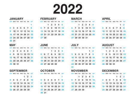 Calendar 2022 template vector, simple minimal design, Planner 2022 year, Wall calendar 2022 year, Week Starts Monday, Set of 12 calendar, advertisement, printing, stationery, holidays in blue colorsのイラスト素材