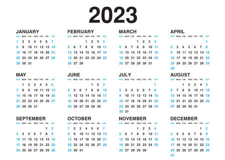 Calendar 2023 template vector, simple minimal design, Planner 2023 year, Wall calendar 2023 year, Week Starts Monday, Set of 12 calendar, advertisement, printing, stationery, holidays in blue colorsのイラスト素材