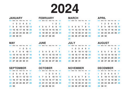 Calendar 2024 template vector, simple minimal design, Planner 2024 year, Wall calendar 2024 year, Week Starts Monday, Set of 12 calendar, advertisement, printing, stationery, holidays in blue colorsのイラスト素材