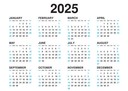 Calendar 2025 template vector, simple minimal design, Planner 2025 year, Wall calendar 2025 year, Week Starts Monday, Set of 12 calendar, advertisement, printing, stationery, holidays in blue colorsのイラスト素材