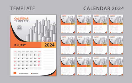 Wall calendar 2024 orange color concept, Desk Calendar 2024 template can be place for Photo and Company  . Week Starts on Sunday. Set of 12 Months, Planner, holiday event, graphic printのイラスト素材