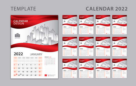 Calendar 2022 template, Wall calendar 2022 year. Set Desk Calendar design with Place for Photo and Company  . Week Starts on Sunday. Set of 12 Months. creative calendar designのイラスト素材